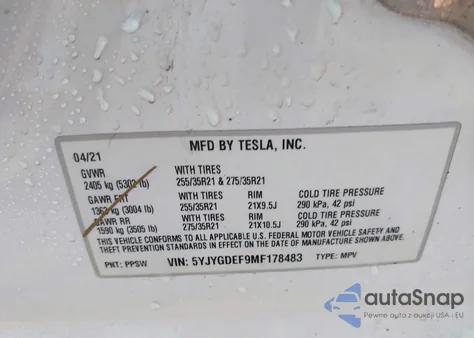 2021 Tesla Model Y Performance Dual Motor All-Wheel Drive z USA, uszkodzony, nr VIN 5YJYGDEF9MF178483